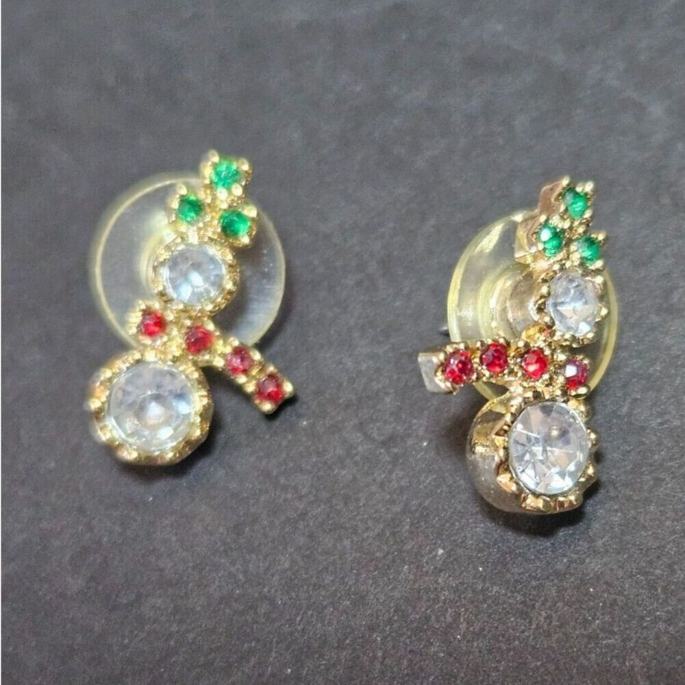 Vintage gold tone Liz Claiborne snowman earrings red green